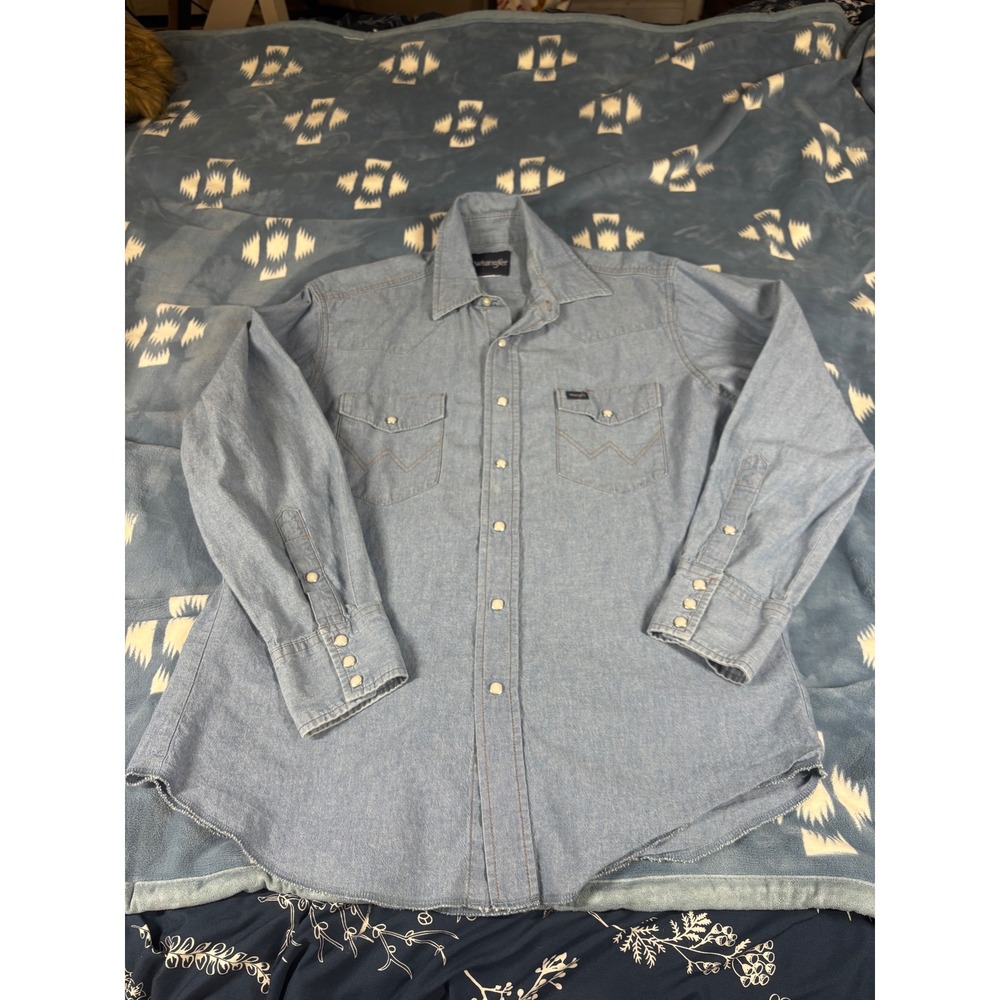 Wrangler Mens Western Snap Denim Shirt Light Wash Blue Long Sleeve 7038